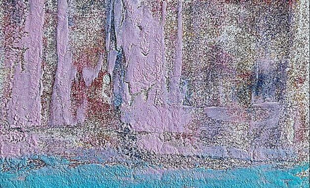 An abstract painting featuring purple, pink, magenta, blue and turquoise. A busy colourful background sits behind streaks of pink paint that come down the canvas vertically where they meet horizontal streaks of turquoise that cover the bottom third of the canvas.