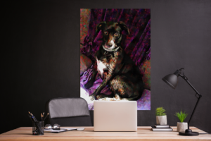 An office with a dark wall featuring a portrait of a black and white dog against a purple background.