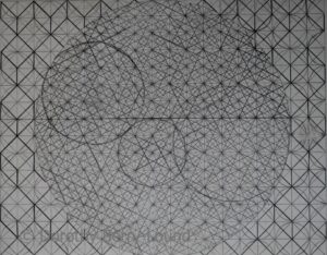 A pencil drawing on dark paper of various geometric shapes with three larger circles in the middle of the piece.