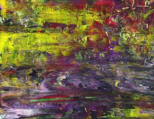 An abstract painting with beautiful shades of yellow and purple with some red and green. Reminiscent of a pool or pond.