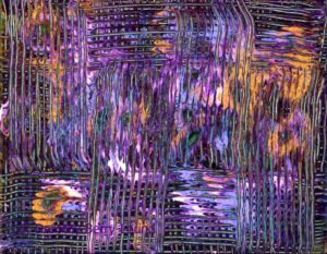 A bright and colourful abstract painting with grid lines running horizontally and vertically and shades of purple and gold clearly visible within the grid.