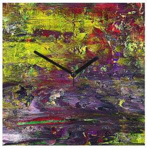 A square wall clock featuring a bright abstract featuring yellow, purple and red.