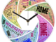 A round wall clock featuring word art created in a swirl with works that mean home such as warmth, laughter, etc.