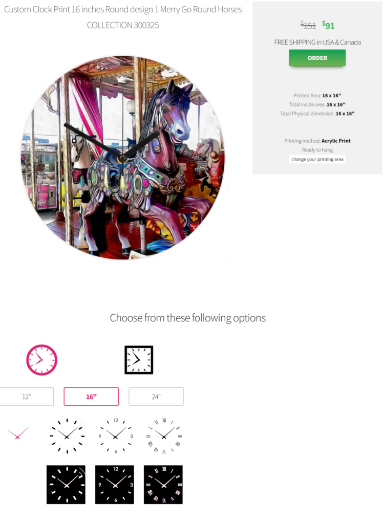 A screenshot of an order page featuring a clock with merry go round horses. The price is visible, a choice of sizes and clock faces as well as an order button.
